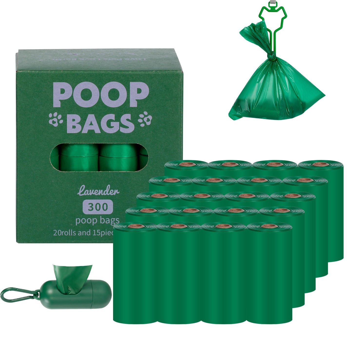 Eco-Friendly Biodegradable Dog Poop Bags - Lavender-Scented, Leak-Proof Roll with Hands (Free Dispenser and Clip)