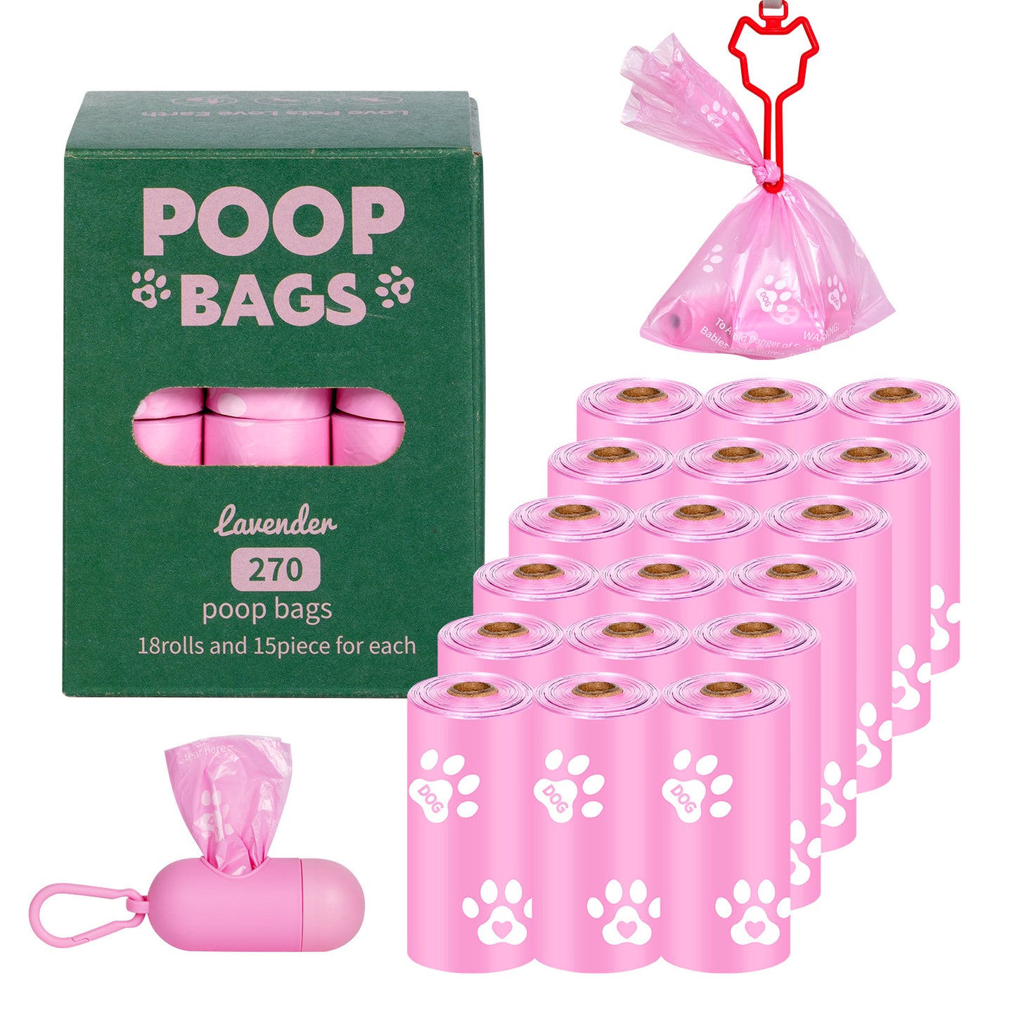 Eco-Friendly Biodegradable Dog Poop Bags - Lavender-Scented, Leak-Proof Roll with Hands (Free Dispenser and Clip)