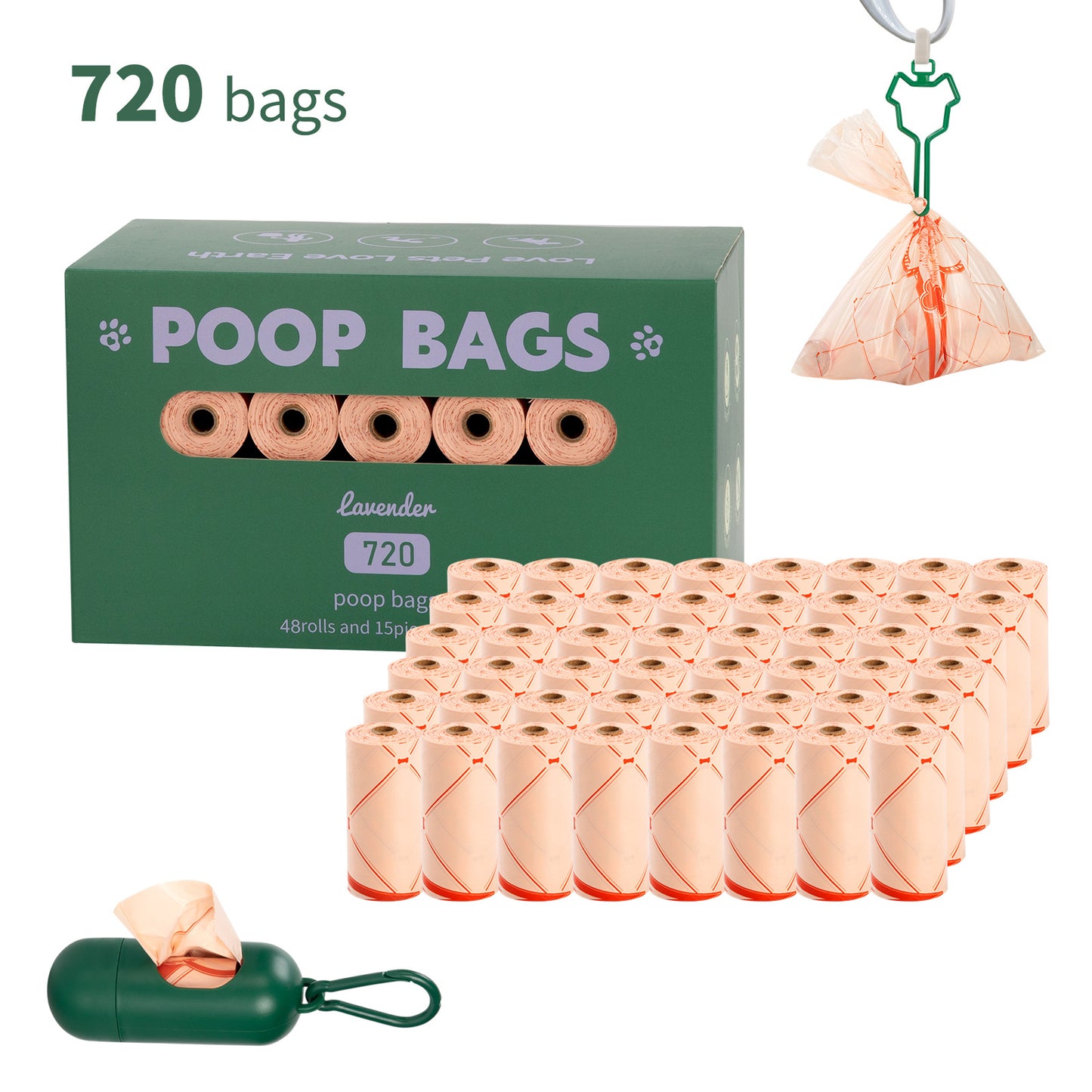 Eco-Friendly Biodegradable Dog Poop Bags - Lavender-Scented, Leak-Proof Roll with Hands (Free Dispenser and Clip)