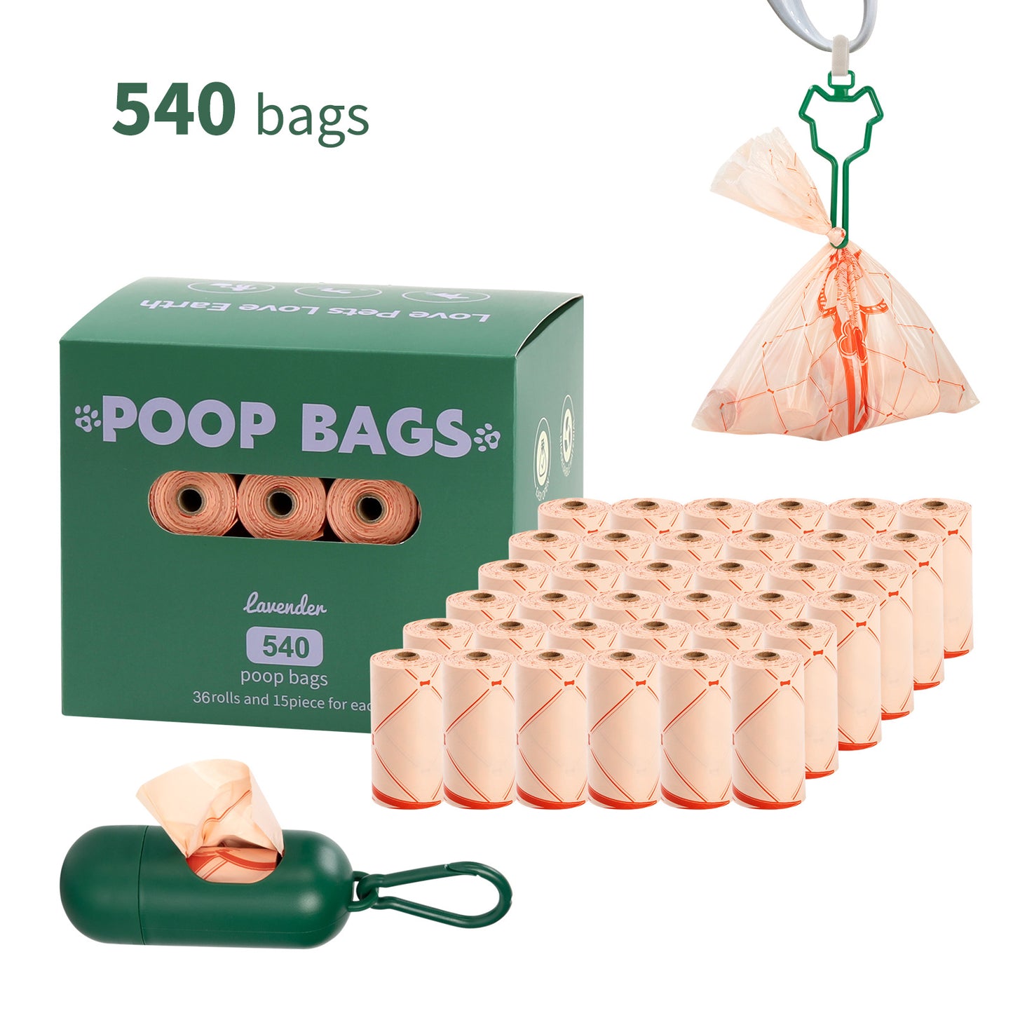 Eco-Friendly Biodegradable Dog Poop Bags - Lavender-Scented, Leak-Proof Roll with Hands (Free Dispenser and Clip)