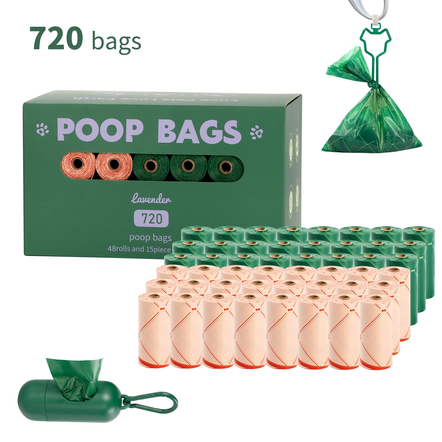 Eco-Friendly Biodegradable Dog Poop Bags - Lavender-Scented, Leak-Proof Roll with Hands (Free Dispenser and Clip)