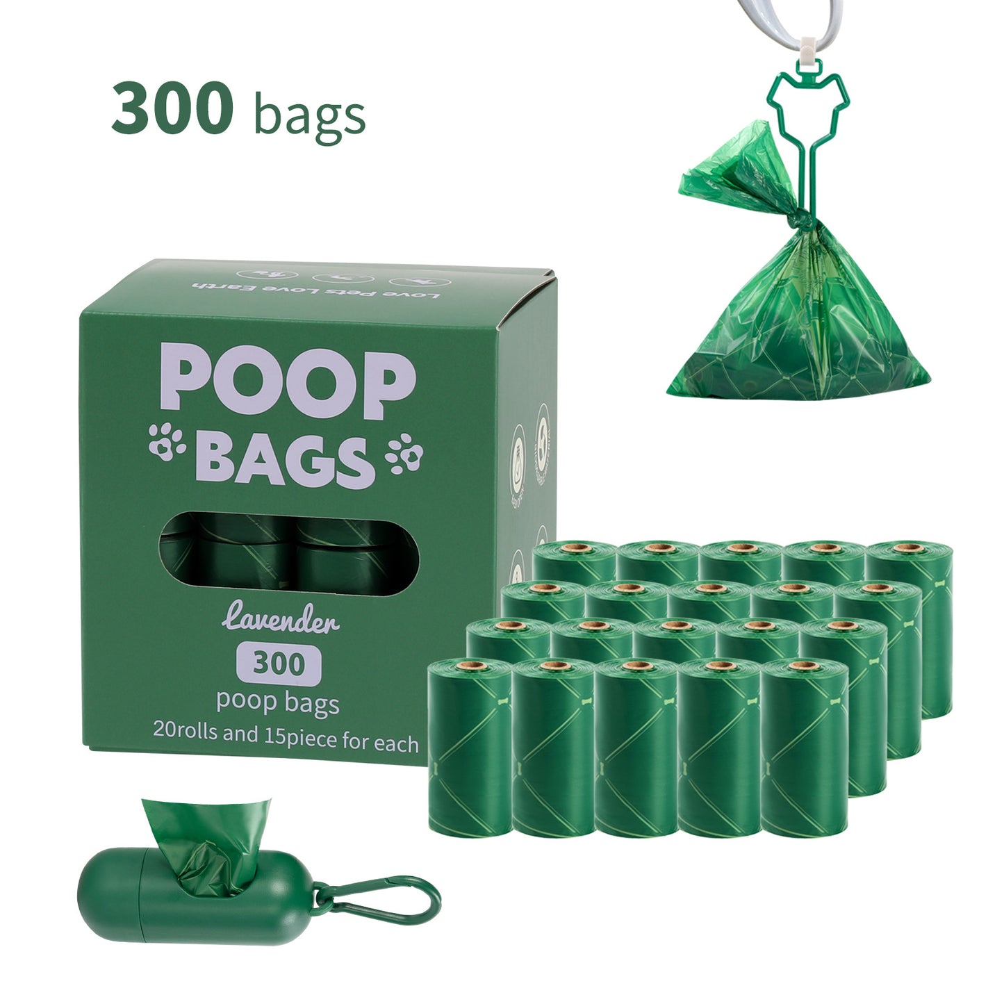 Eco-Friendly Biodegradable Dog Poop Bags - Lavender-Scented, Leak-Proof Roll with Hands (Free Dispenser and Clip)