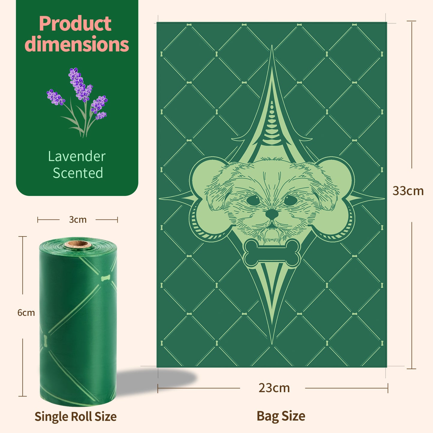 Eco-Friendly Biodegradable Dog Poop Bags - Lavender-Scented, Leak-Proof Roll with Hands (Free Dispenser and Clip)