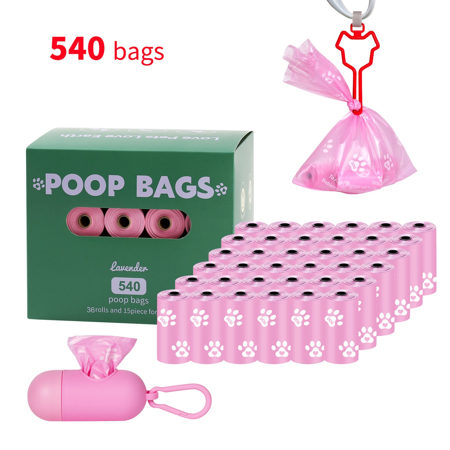 Eco-Friendly Biodegradable Dog Poop Bags - Lavender-Scented, Leak-Proof Roll with Hands (Free Dispenser and Clip)