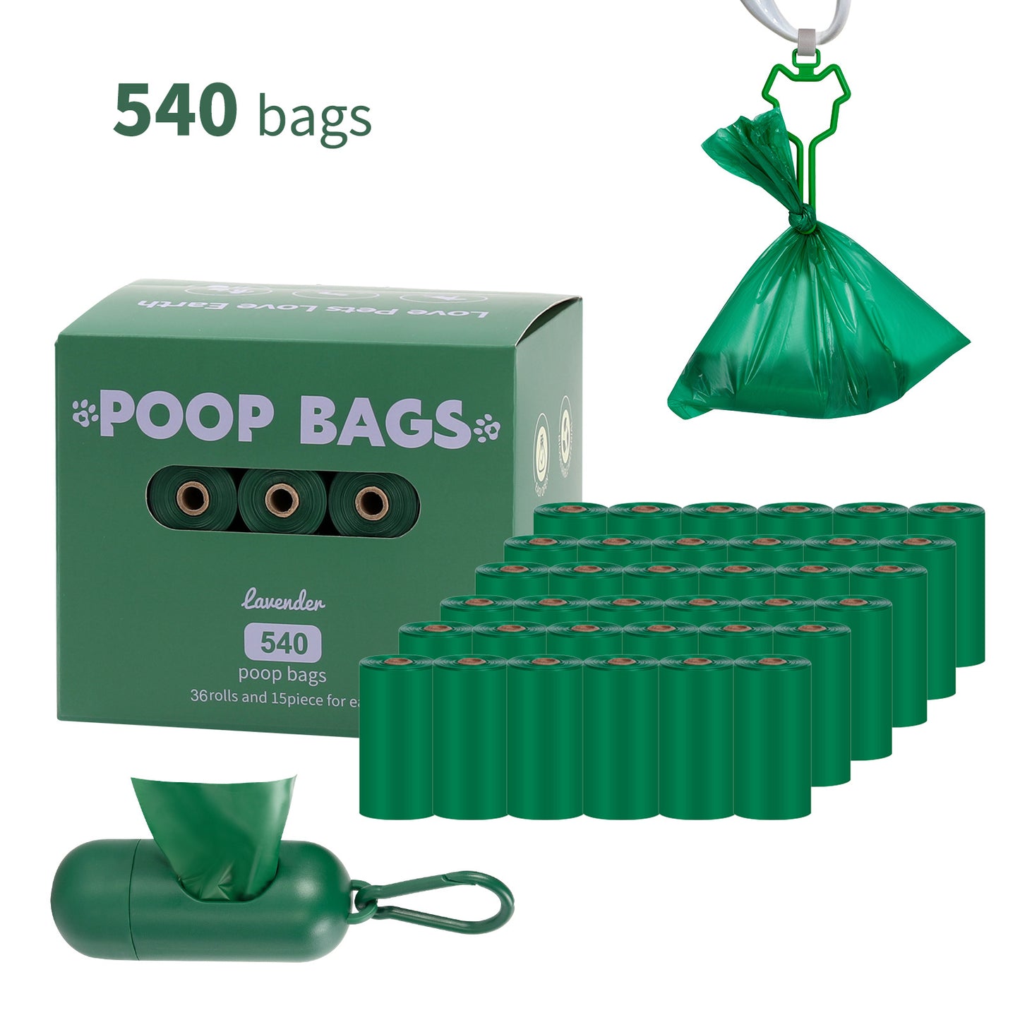 Eco-Friendly Biodegradable Dog Poop Bags - Lavender-Scented, Leak-Proof Roll with Hands (Free Dispenser and Clip)