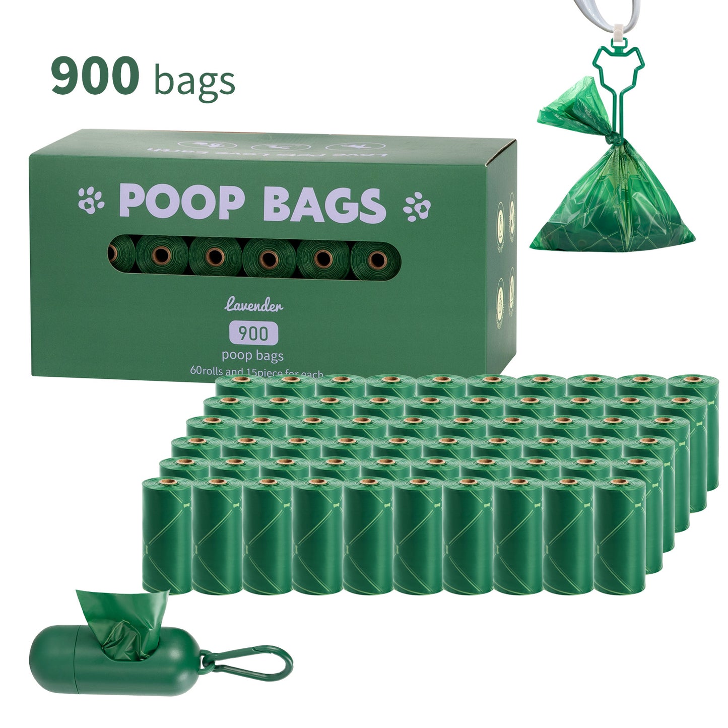 Eco-Friendly Biodegradable Dog Poop Bags - Lavender-Scented, Leak-Proof Roll with Hands (Free Dispenser and Clip)