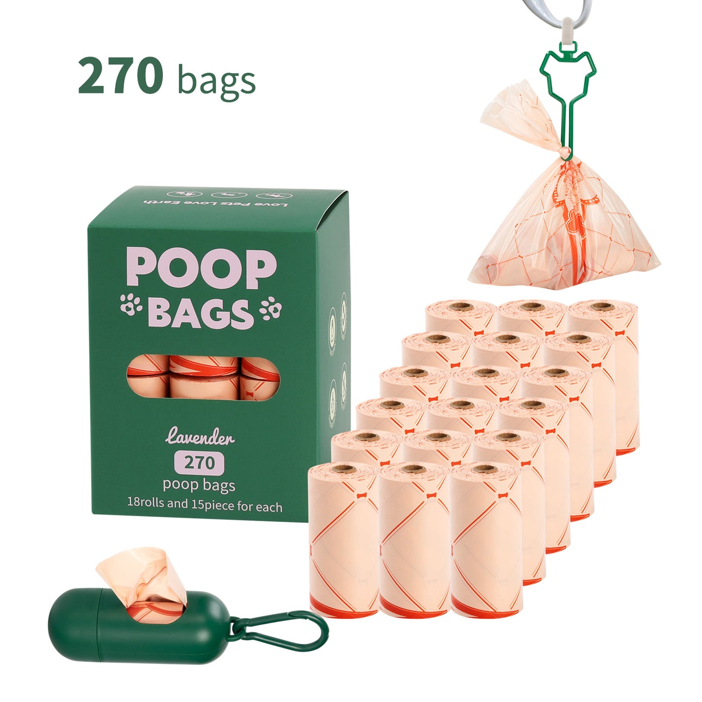 Eco-Friendly Biodegradable Dog Poop Bags - Lavender-Scented, Leak-Proof Roll with Hands (Free Dispenser and Clip)