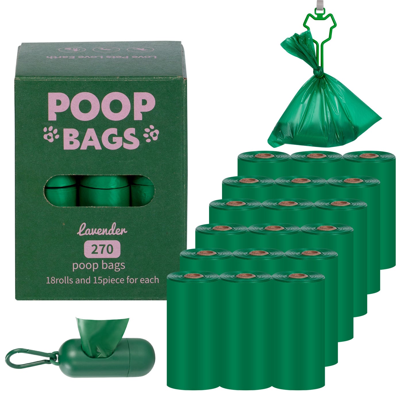 Eco-Friendly Biodegradable Dog Poop Bags - Lavender-Scented, Leak-Proof Roll with Hands (Free Dispenser and Clip)