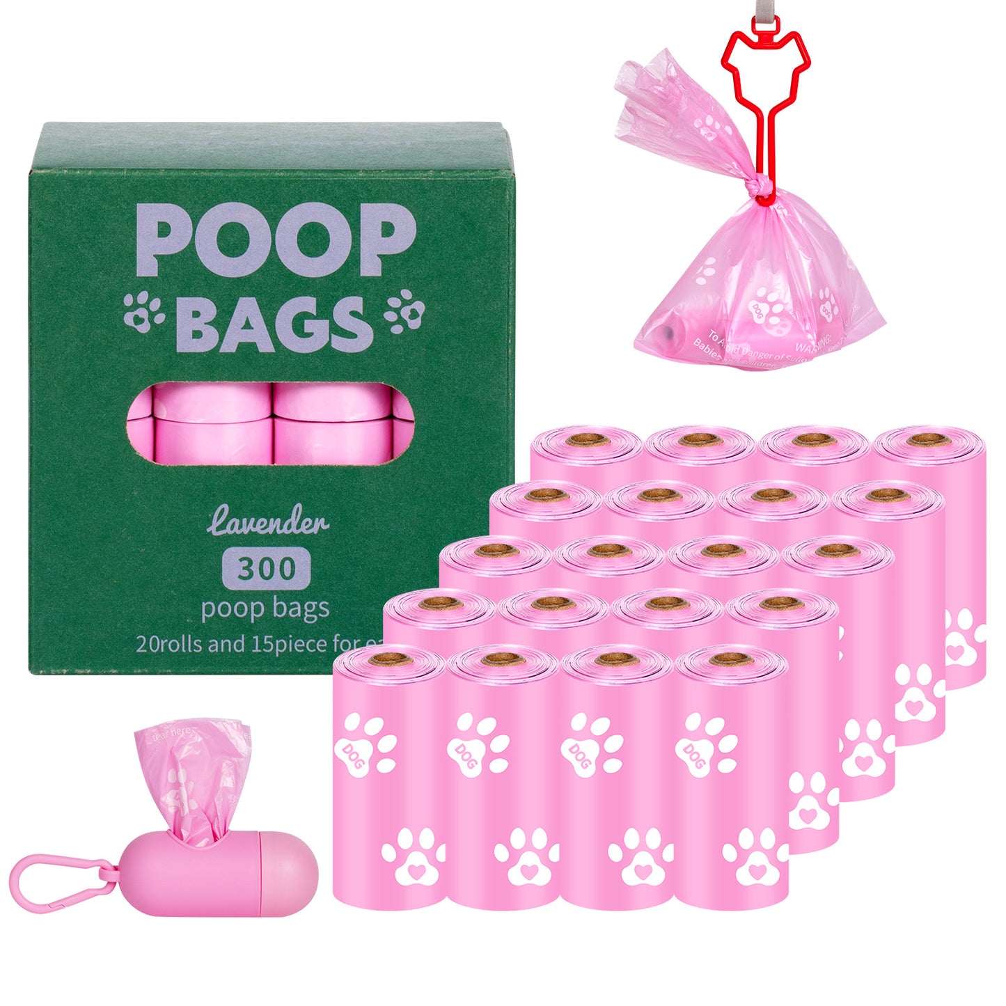 Eco-Friendly Biodegradable Dog Poop Bags - Lavender-Scented, Leak-Proof Roll with Hands (Free Dispenser and Clip)