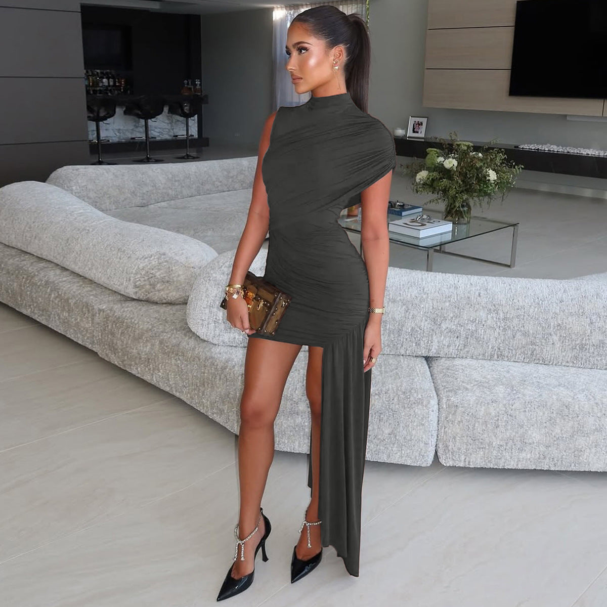 Pleated Elysian Draped Asymmetrical Dress