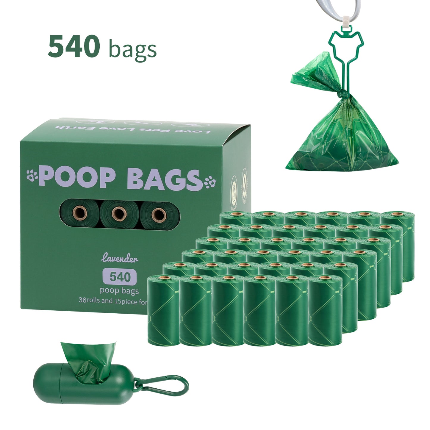 Eco-Friendly Biodegradable Dog Poop Bags - Lavender-Scented, Leak-Proof Roll with Hands (Free Dispenser and Clip)