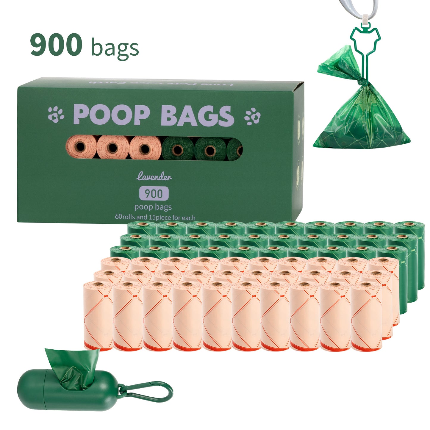 Eco-Friendly Biodegradable Dog Poop Bags - Lavender-Scented, Leak-Proof Roll with Hands (Free Dispenser and Clip)