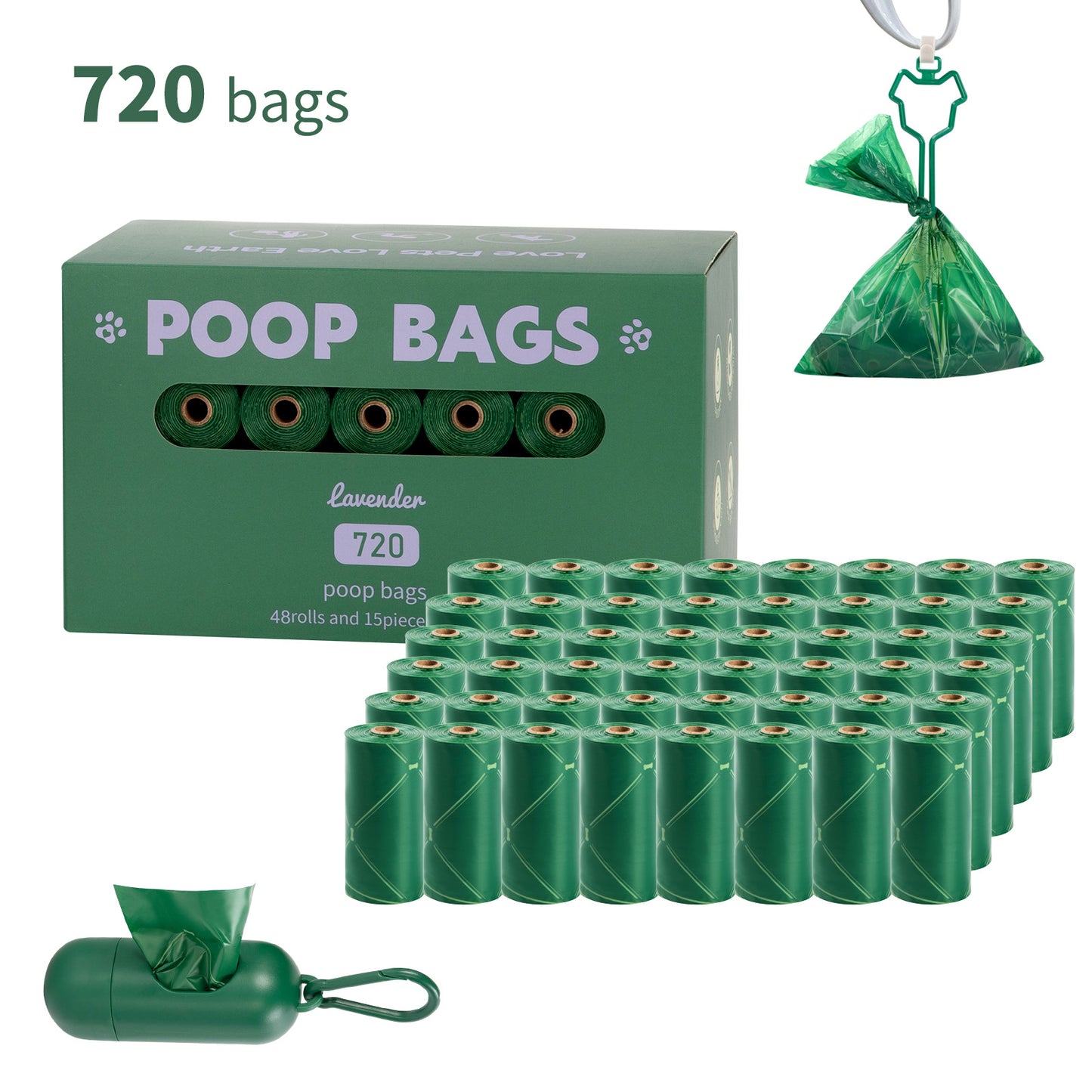 Eco-Friendly Biodegradable Dog Poop Bags - Lavender-Scented, Leak-Proof Roll with Hands (Free Dispenser and Clip)