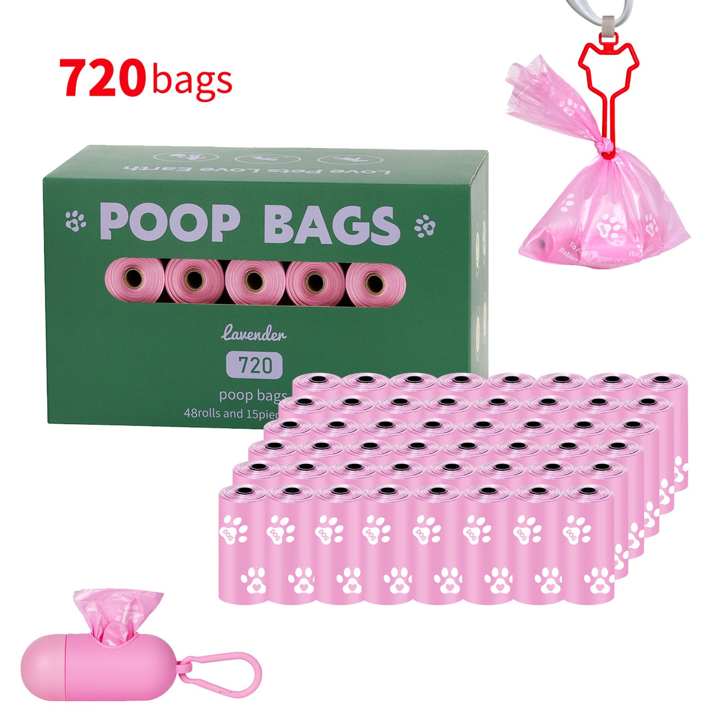 Eco-Friendly Biodegradable Dog Poop Bags - Lavender-Scented, Leak-Proof Roll with Hands (Free Dispenser and Clip)
