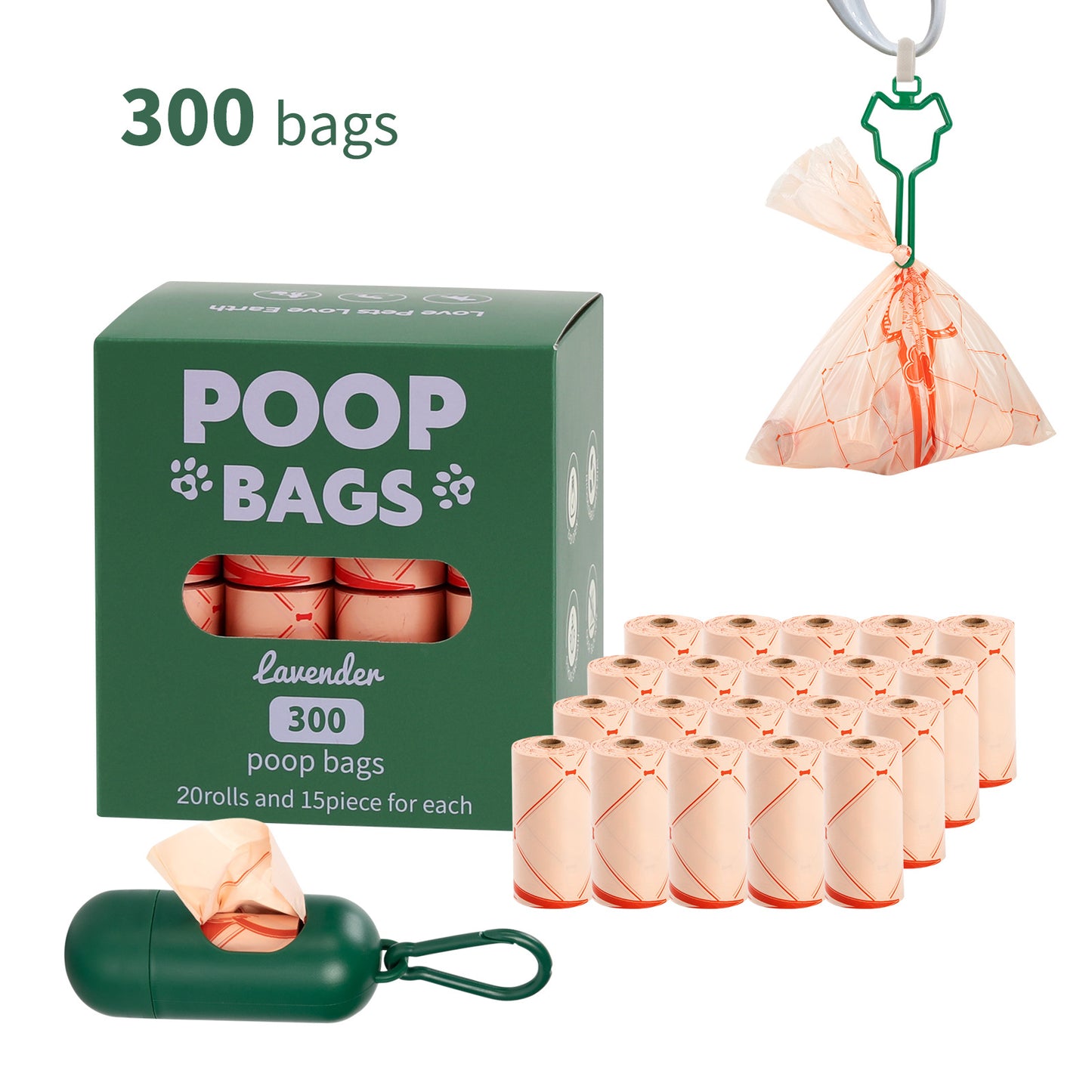 Eco-Friendly Biodegradable Dog Poop Bags - Lavender-Scented, Leak-Proof Roll with Hands (Free Dispenser and Clip)