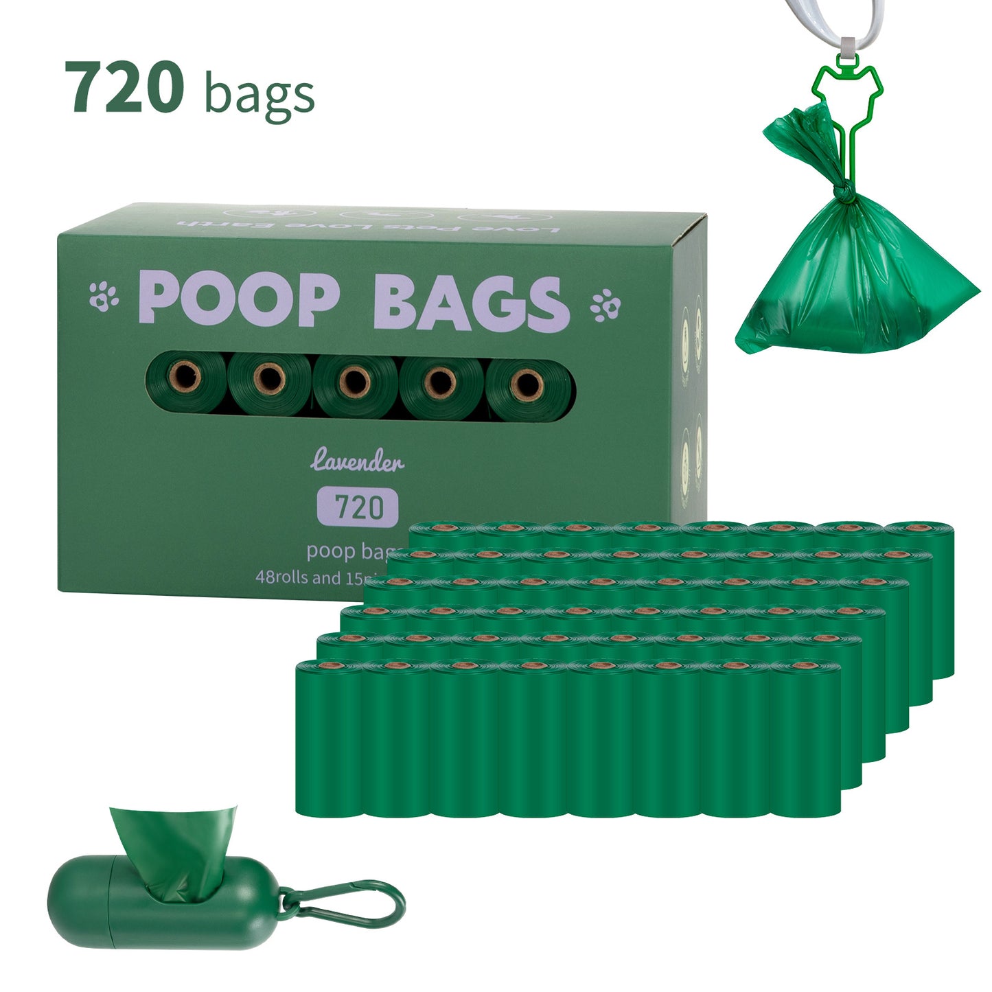 Eco-Friendly Biodegradable Dog Poop Bags - Lavender-Scented, Leak-Proof Roll with Hands (Free Dispenser and Clip)