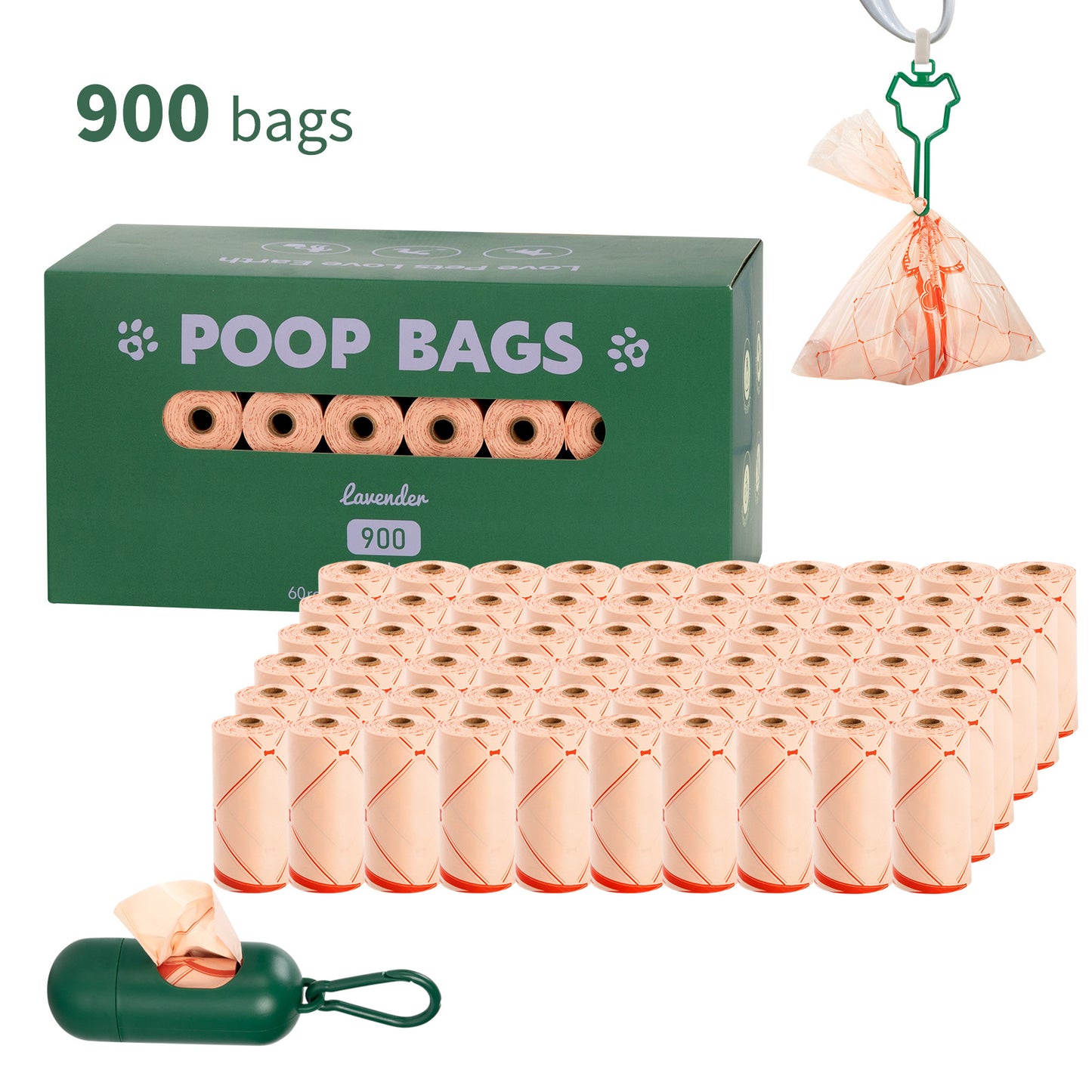 Eco-Friendly Biodegradable Dog Poop Bags - Lavender-Scented, Leak-Proof Roll with Hands (Free Dispenser and Clip)