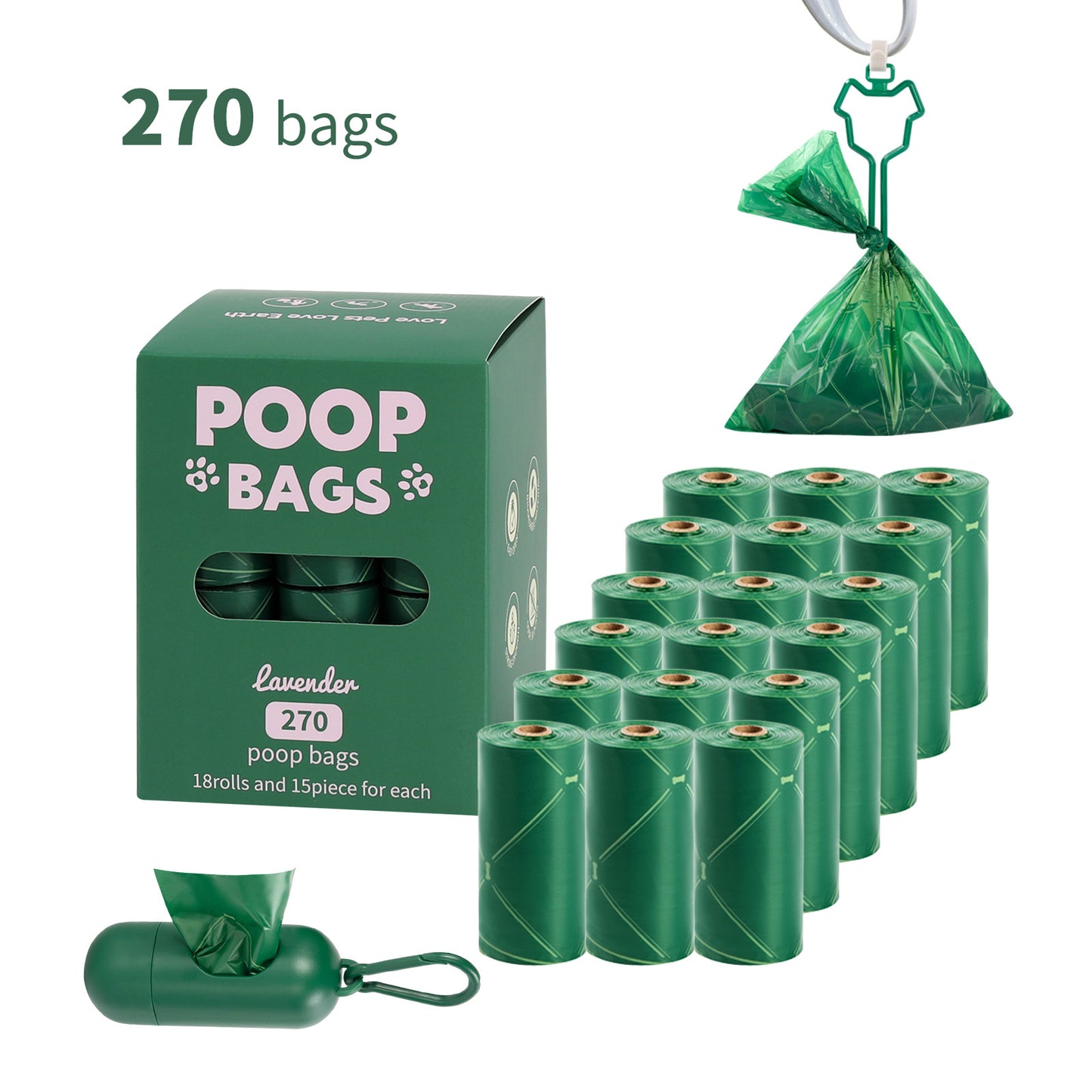 Eco-Friendly Biodegradable Dog Poop Bags - Lavender-Scented, Leak-Proof Roll with Hands (Free Dispenser and Clip)