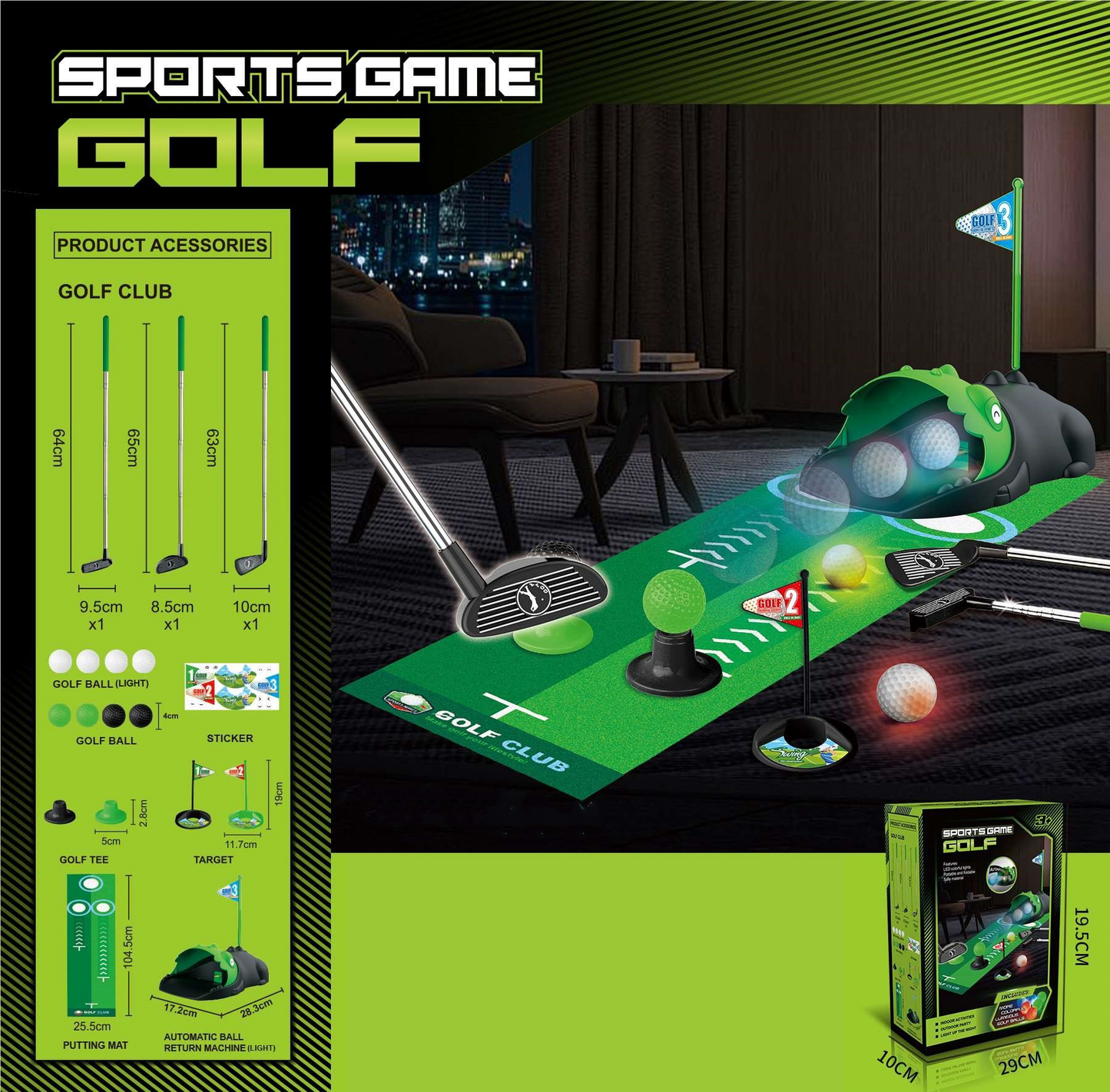 Ensemble de mini-golf pour enfants avec balles LED et retour automatique