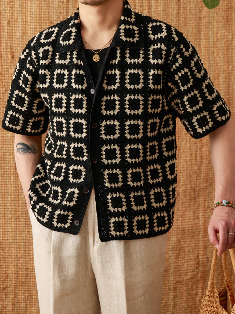 Retro Crochet Camp-Collar Shirt - Breathable, Resort-Ready Cool