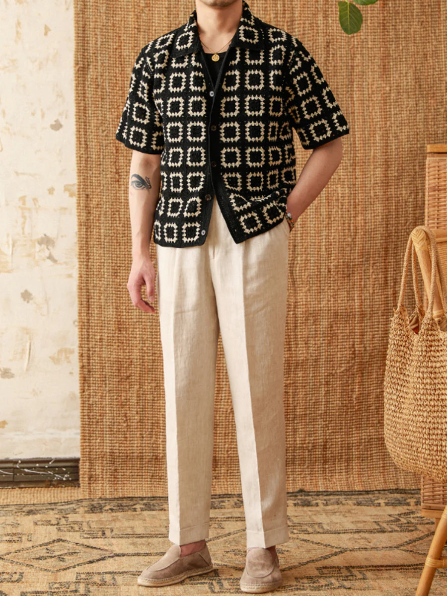 Retro Crochet Camp-Collar Shirt - Breathable, Resort-Ready Cool