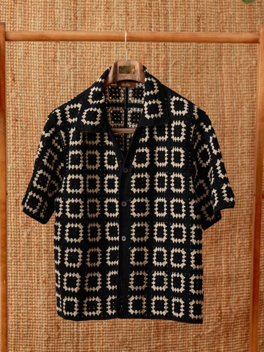 Retro Crochet Camp-Collar Shirt - Breathable, Resort-Ready Cool