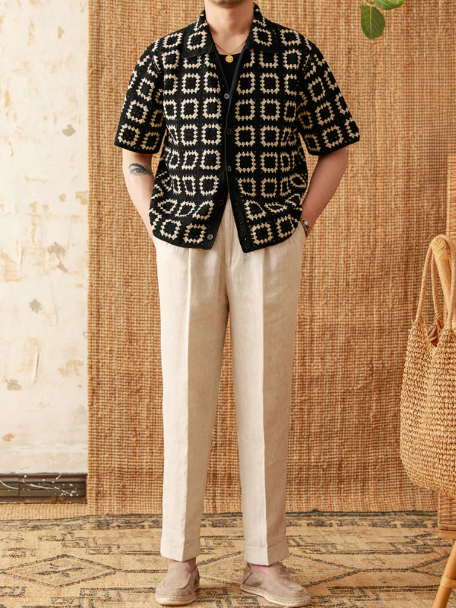 Retro Crochet Camp-Collar Shirt - Breathable, Resort-Ready Cool