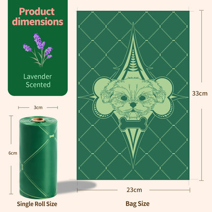 Eco-Friendly Biodegradable Dog Poop Bags - Lavender-Scented, Leak-Proof Roll with Hands (Free Dispenser and Clip)