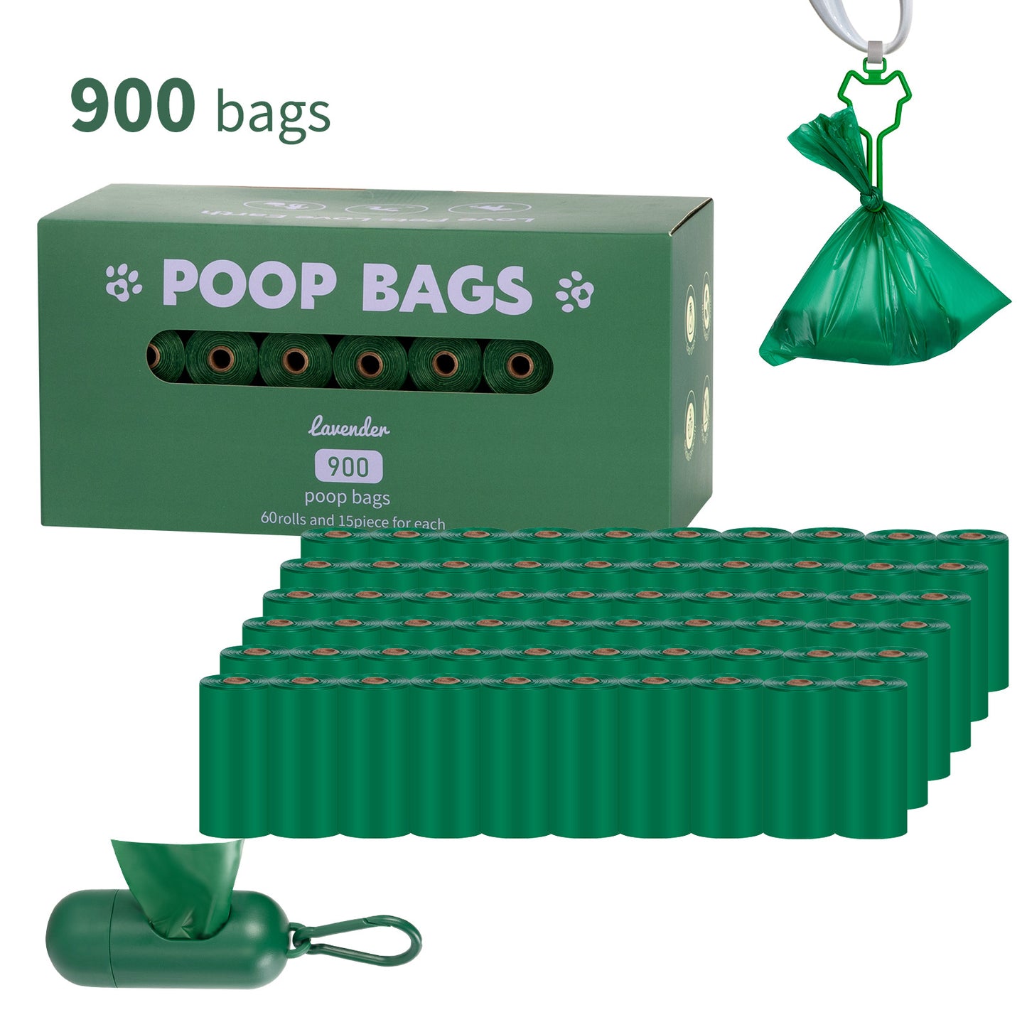 Eco-Friendly Biodegradable Dog Poop Bags - Lavender-Scented, Leak-Proof Roll with Hands (Free Dispenser and Clip)
