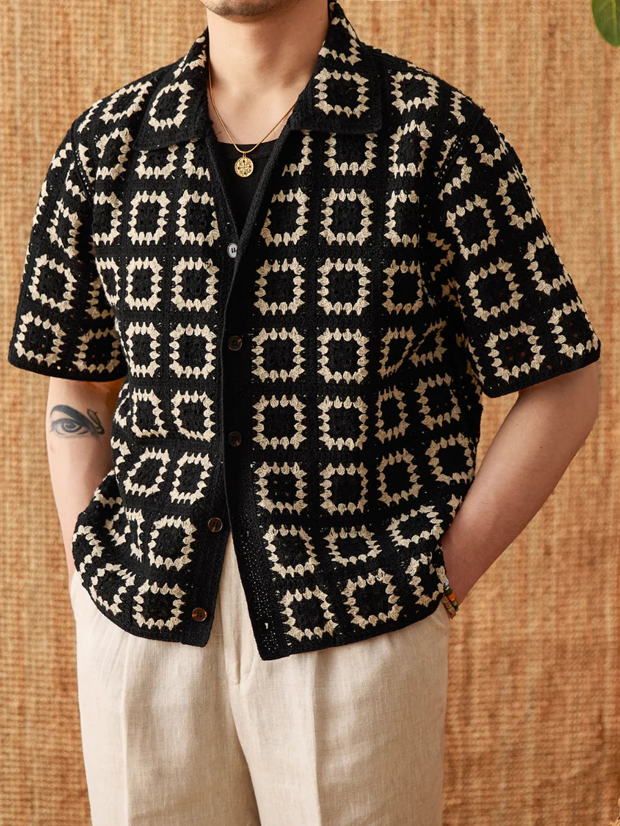 Retro Crochet Camp-Collar Shirt - Breathable, Resort-Ready Cool